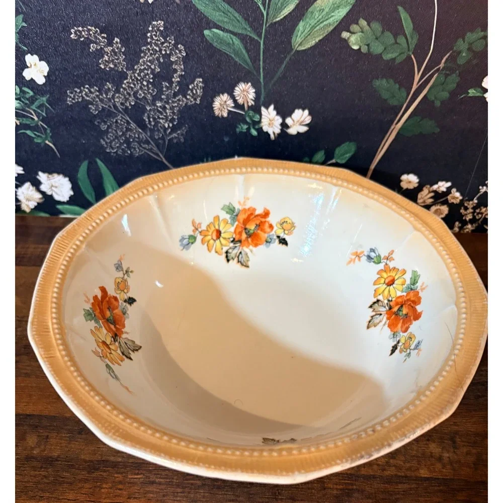 Vintage Crown Ivory Floral Serving Bowl Orange Poppies Octagonal 9 Inch